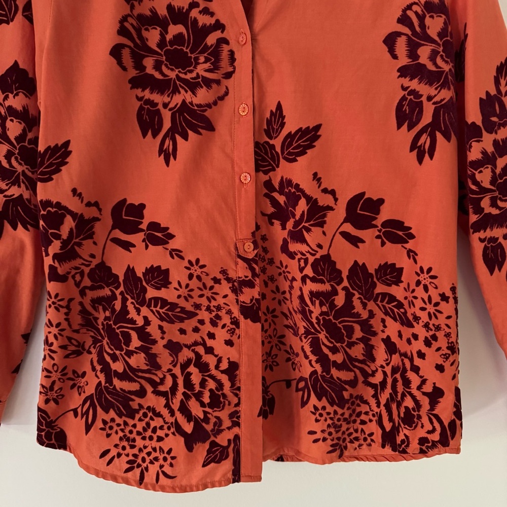 Sundance Velvet Vignette Long Sleeve Button Shirt, Orange w/Burgundy Floral, S - Picture 6 of 13